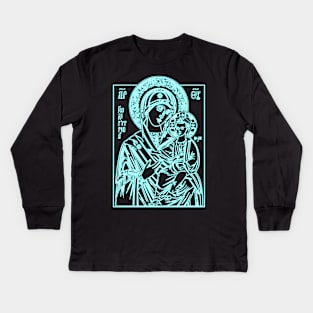 Icon of Virgin Mary and Jesus Christ (blue neon) Kids Long Sleeve T-Shirt